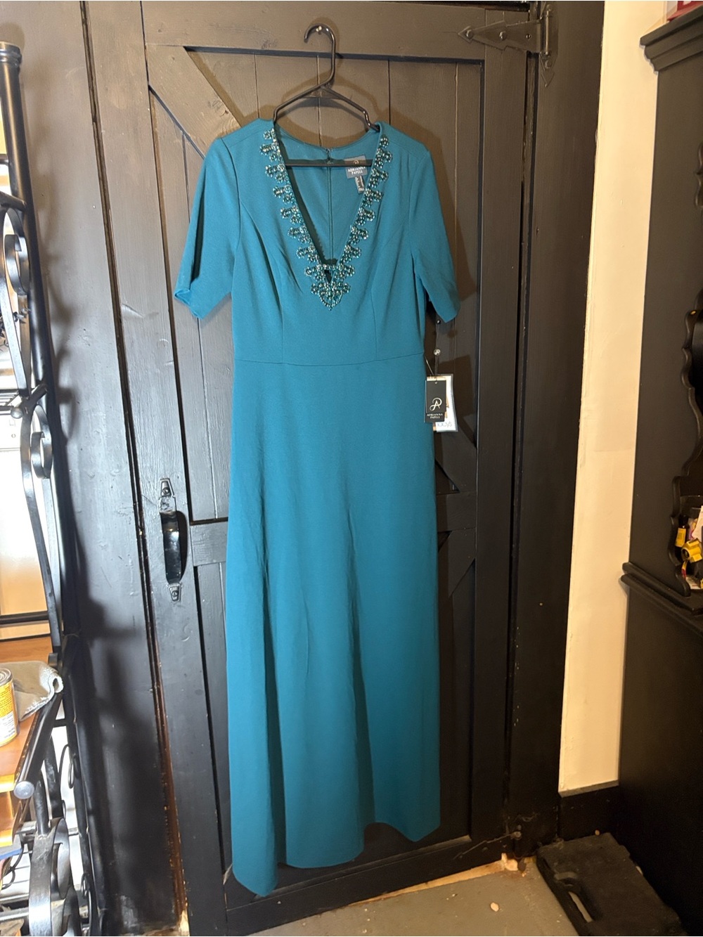 Adrianna Papell Teal V-Neck Beaded Maxi Dress